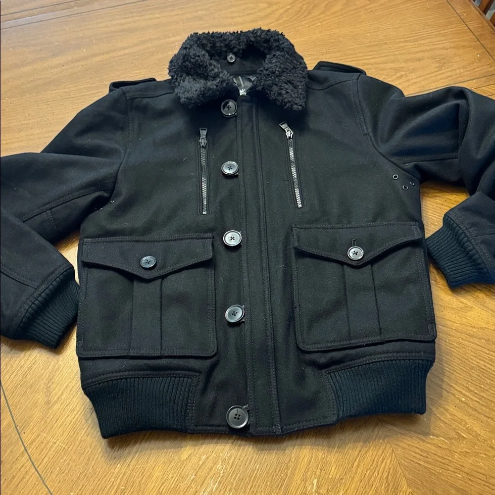 Express Men’s Wool Blend Winter Bomber Jacket Sz Small w/ Detachable Collar EUC